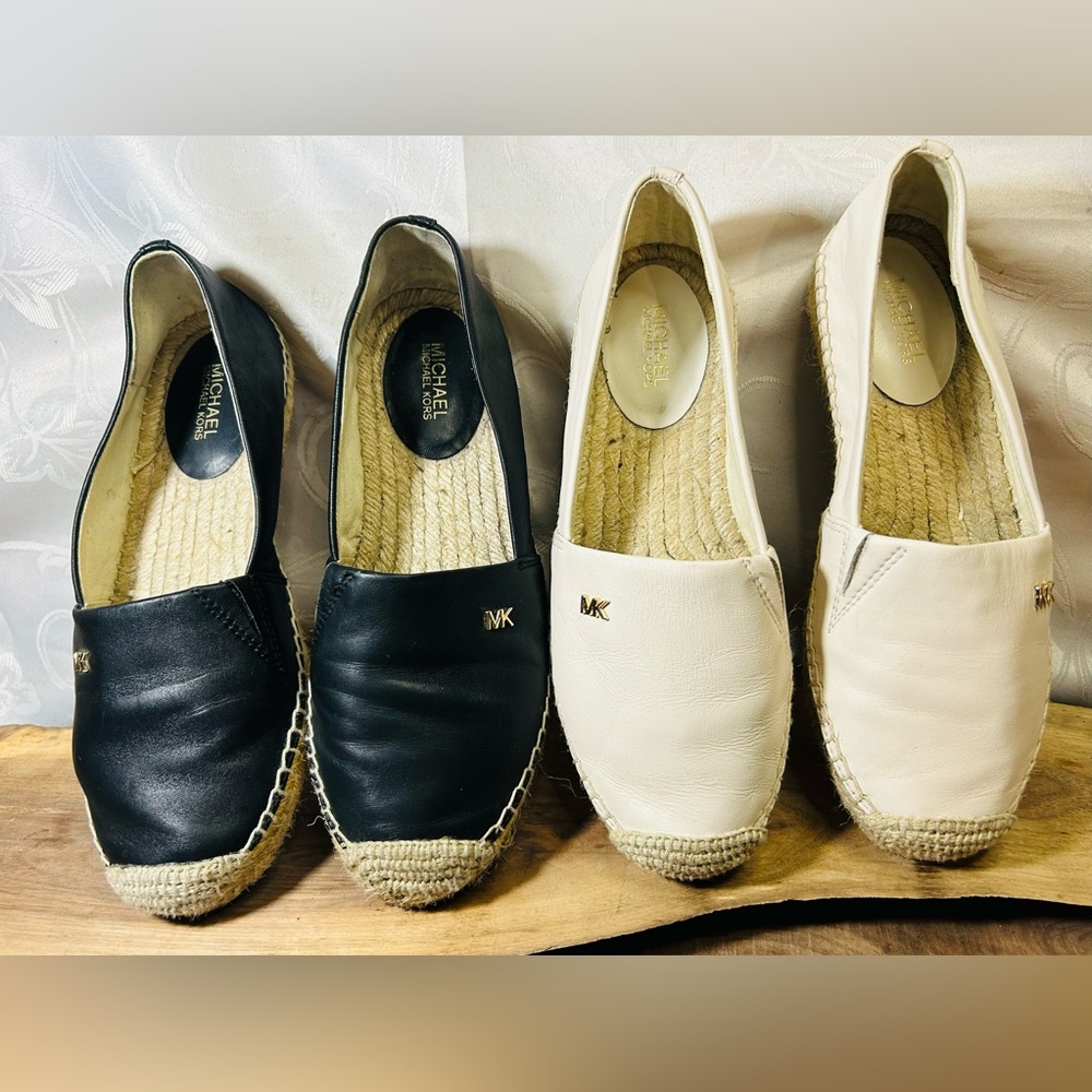 2 pair Michael Kors Kendrick Slip On Espadrille Flats MK Logo Leather Size 5M